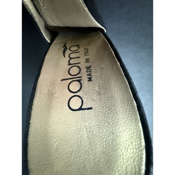 Vtg Paloma Made In Italy Suede Sling Back Shoes Size 8 Black Gold Chain Strap - Picture 3 of 6